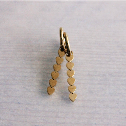Steel Hoop Earrings with Elaborated Heart Tags - Gold
